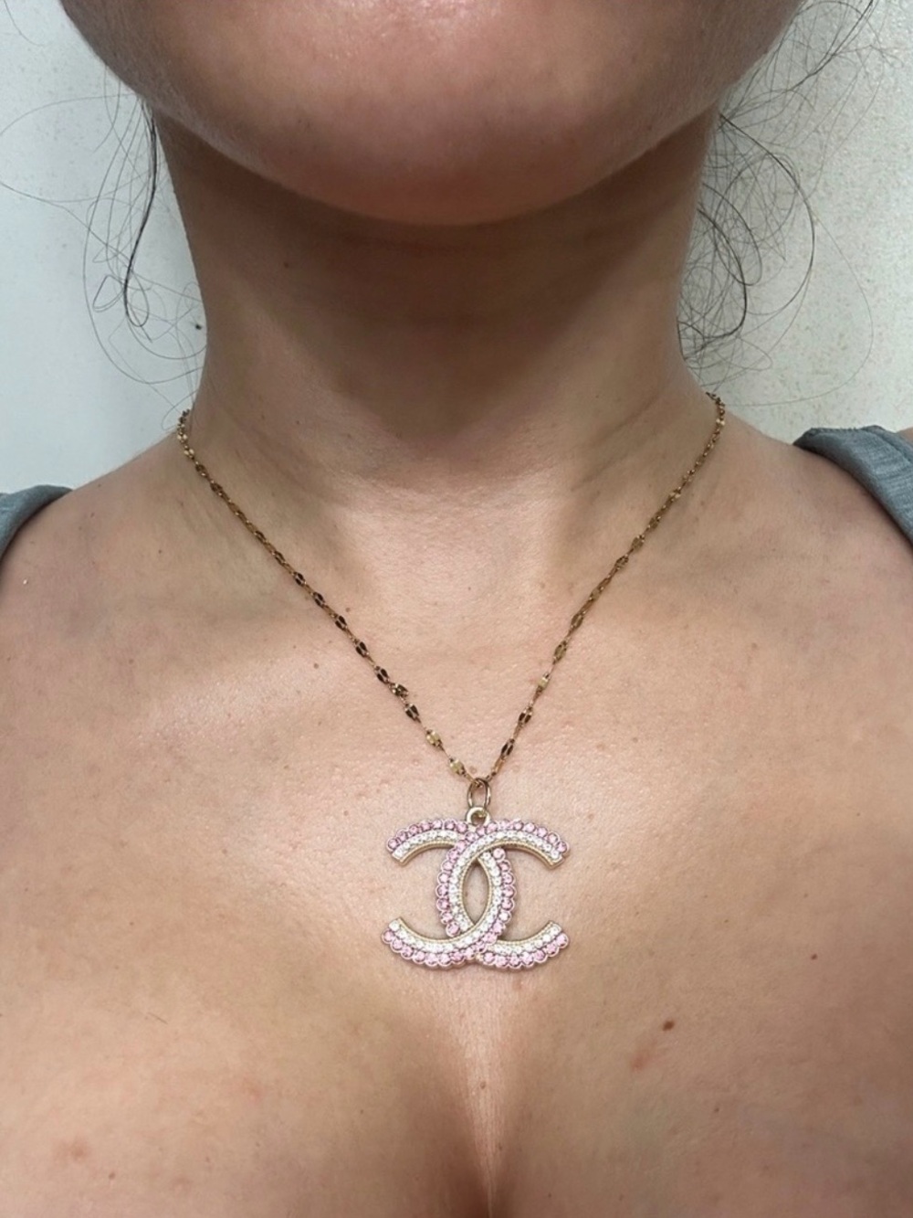 CC Chanel Pink and Gold Crystal Interlocking CC Pendant Necklace